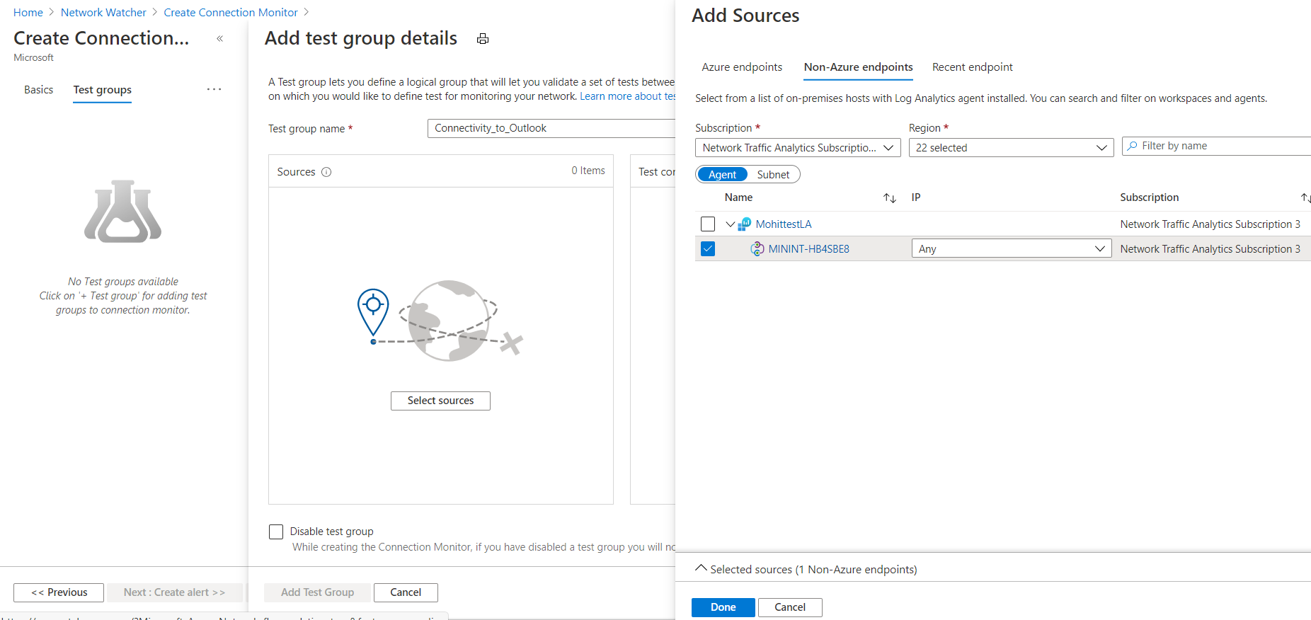 Screenshot that shows the Add Sources pane and the Non-Azure endpoints tab in Connection Monitor.