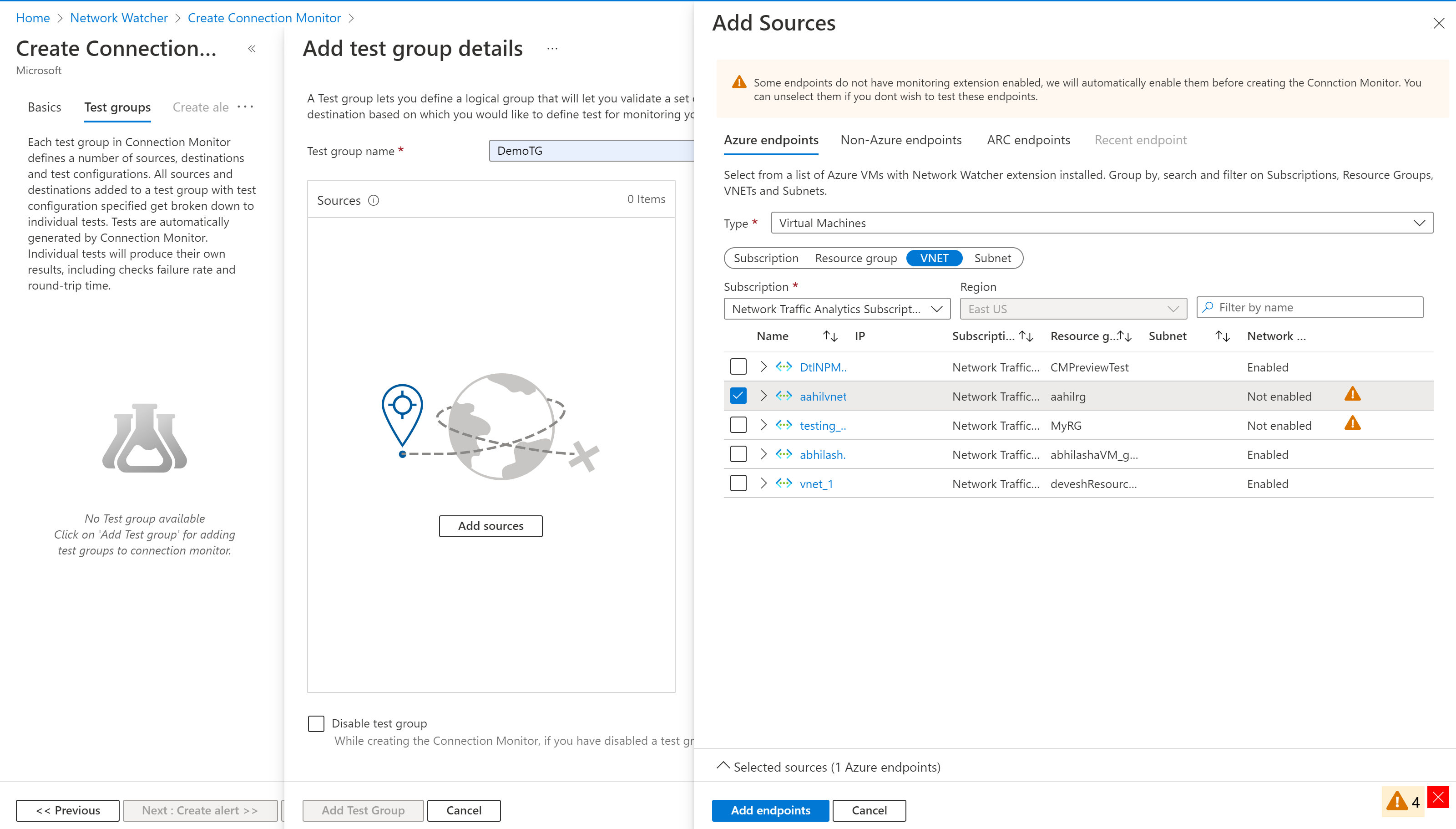 Screenshot that shows the Add Sources pane and the Non-Azure endpoints tab in Connection Monitor with unified enablement.