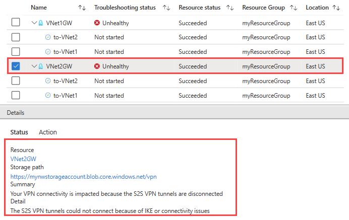 Screenshot: Status eines Gateways und Ergebnisse des VPN-Problembehandlungstests im Azure-Portal nach Abschluss der Problembehandlung.