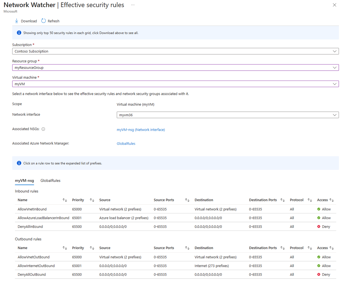 Screenshot der wirksamen Azure Network Watcher-Sicherheitsregeln in Azure-Portal.