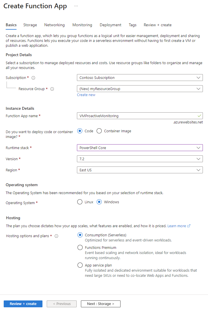 Screenshot of the Create Function App page in the Azure portal.