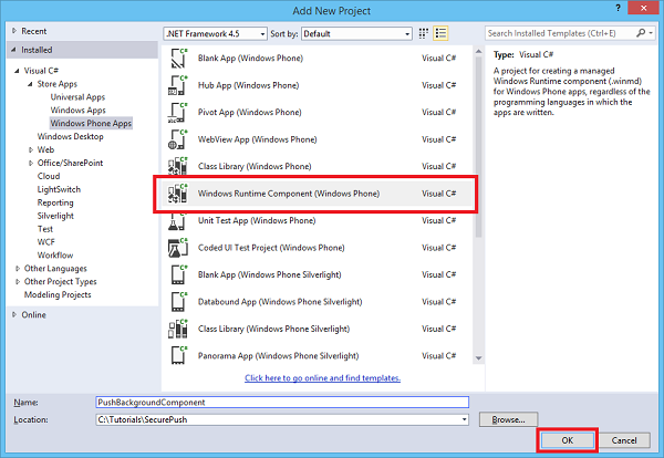 Screenshot des Dialogfelds „Neues Projekt hinzufügen“ mit hervorgehobener Option „Windows-Runtimekomponente (Windows Phone) – Visual C#“.