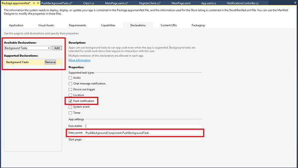 Screenshot des Projektmappen-Explorer-Fensters mit Fokus auf der Datei „Package.appxmanifest“ mit den rot umrandeten Optionen „Verfügbare Deklarationen“, „Unterstützte Deklarationen“, „Pushbenachrichtigungen“ und „Einstiegspunkt“.