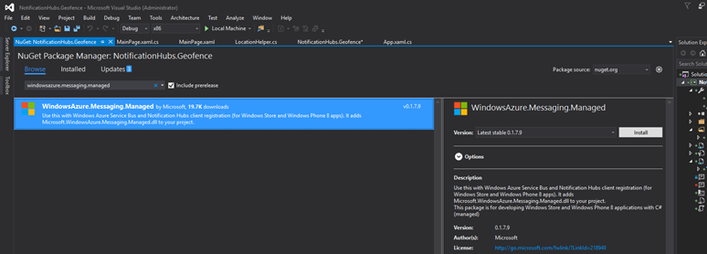 Screenshot des Dialogfelds „NuGet-Pakete verwalten“ mit hervorgehobenem Paket „WindowsAzure.Messaging.Managed“.