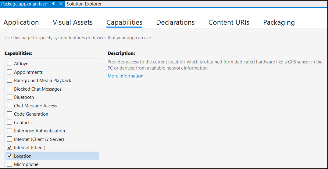 Screenshot des Dialogfelds „Paketeigenschaften“ mit der Registerkarte „Funktionen“ mit hervorgehobener Option „Standort“.