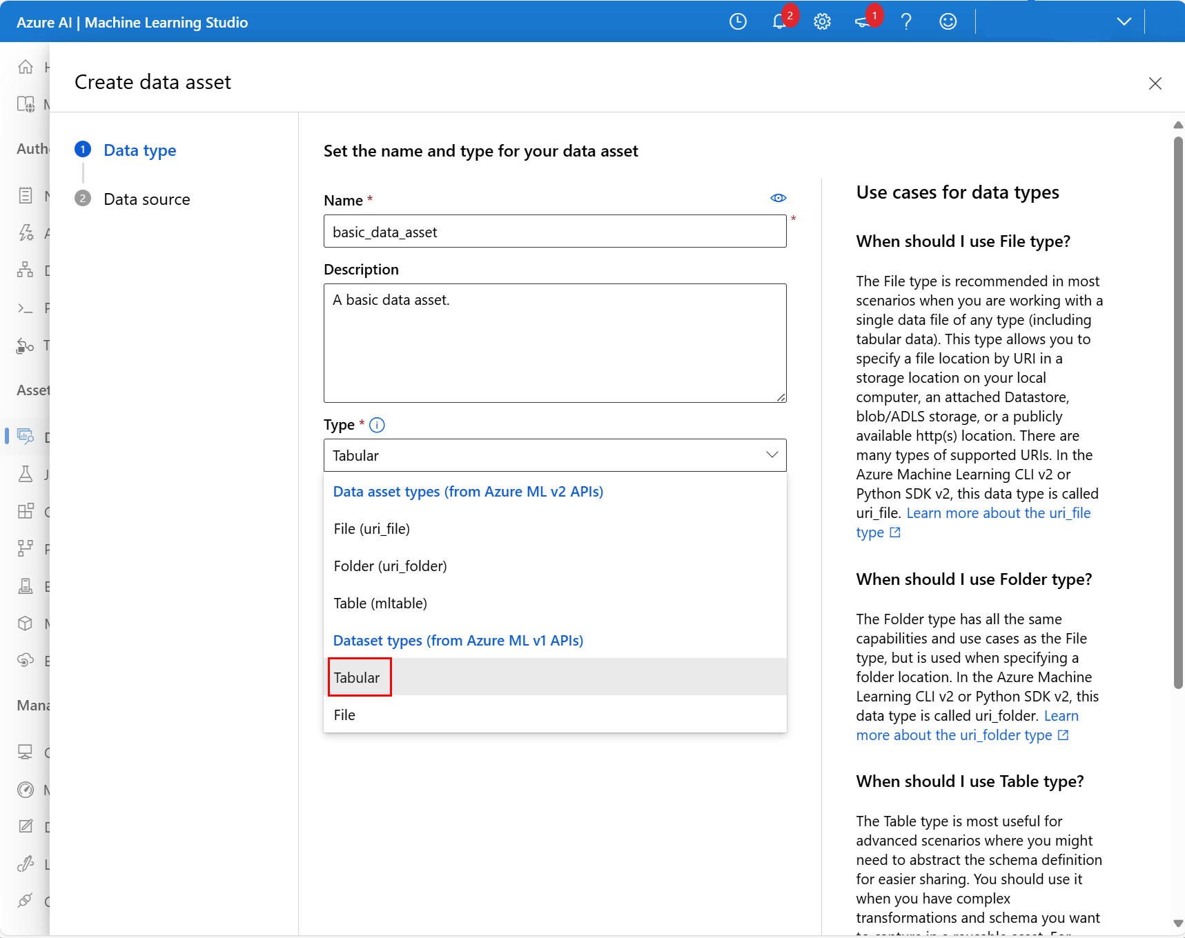 Screenshot: Auswahl der Option „Tabellarisch“ im Dropdownmenü „Typ“.