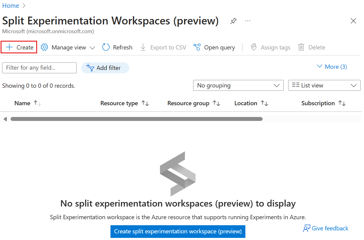 Screenshot des Azure-Portals: Erstellen eines neuen Split Experimentation Workspace