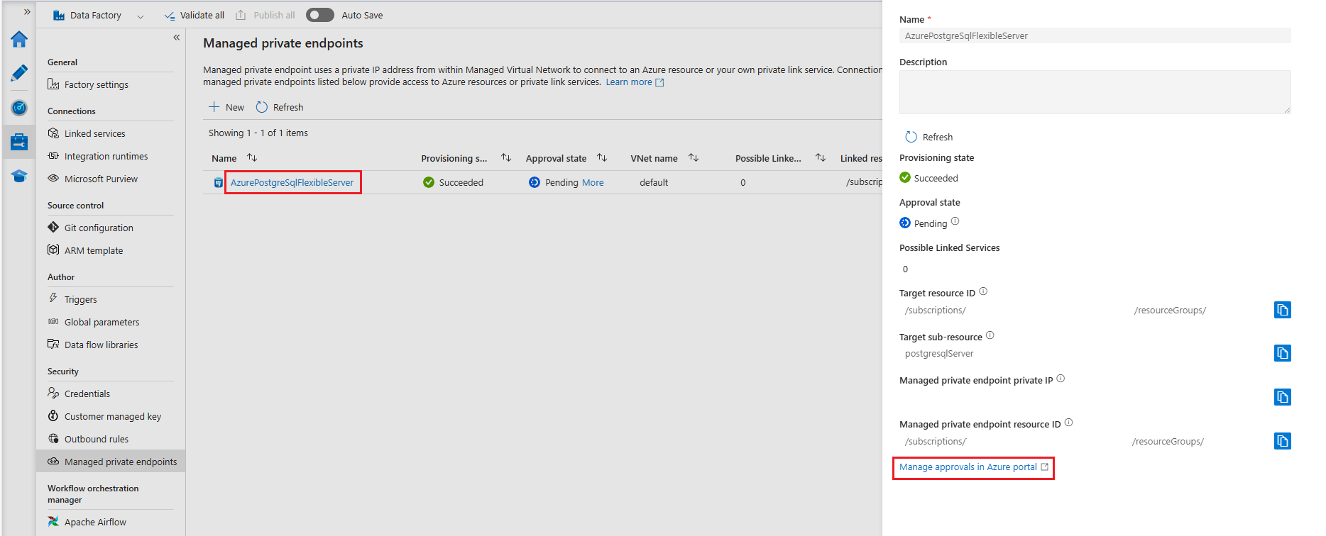 Screenshot der Seite „Verwaltete private Endpunkte“ in Azure Data Factory Studio, der zeigt, wie ein Endpunkt genehmigt wird.