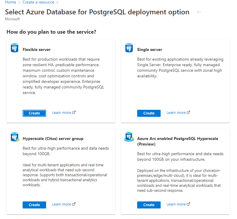 Auswählen der Bereitstellungsoption „Azure Database for PostgreSQL Flexible Server“