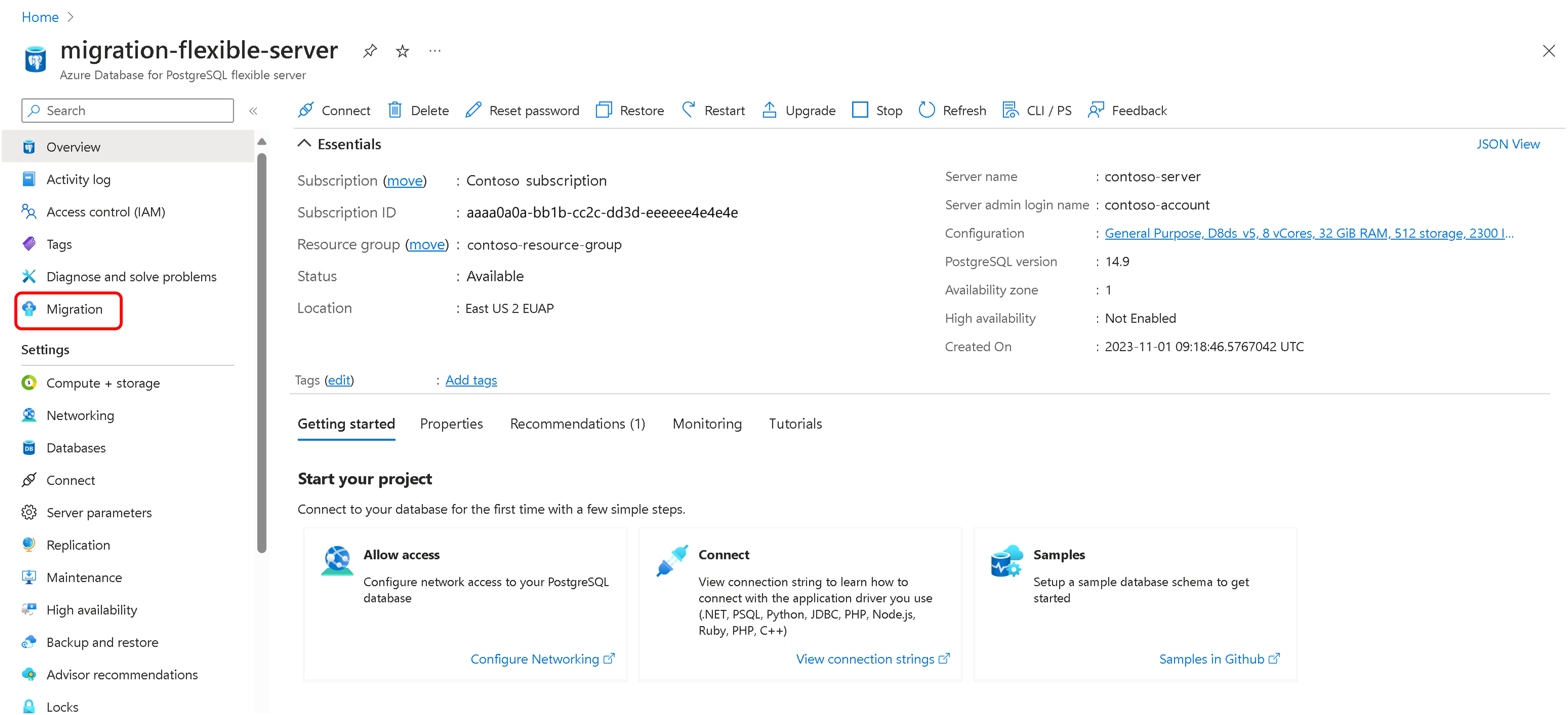 Screenshot: Migrationsauswahlseite im Azure-Portal