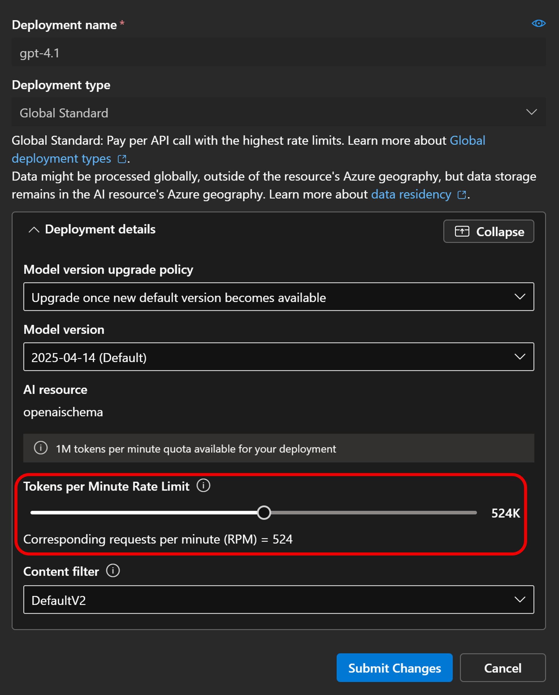 Screenshot der Token pro Minute-Einstellungen.