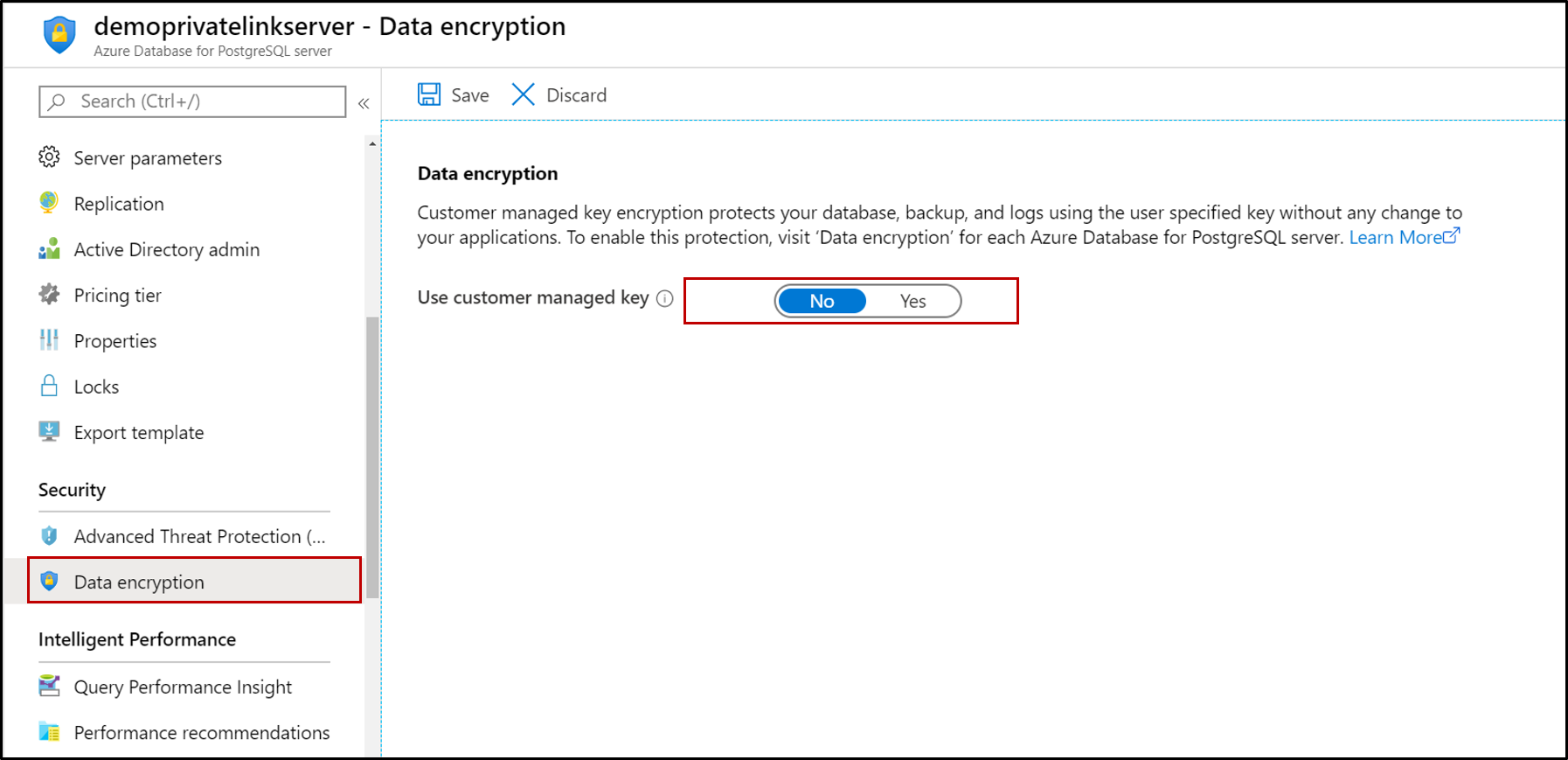 Screenshot von Azure Database for PostgreSQL mit hervorgehobener Option „Datenverschlüsselung“