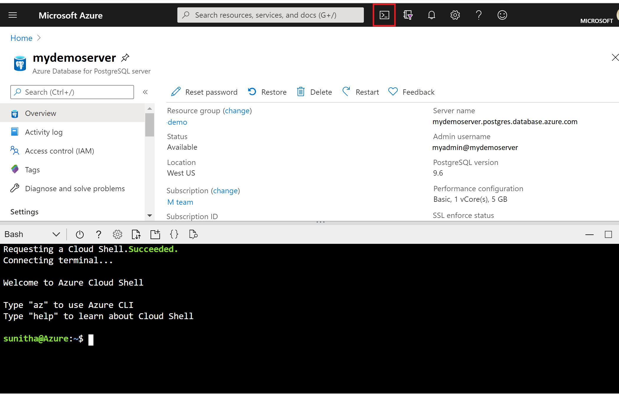 Screenshot: Serverinformationen und das Symbol zum Öffnen von Azure Cloud Shell
