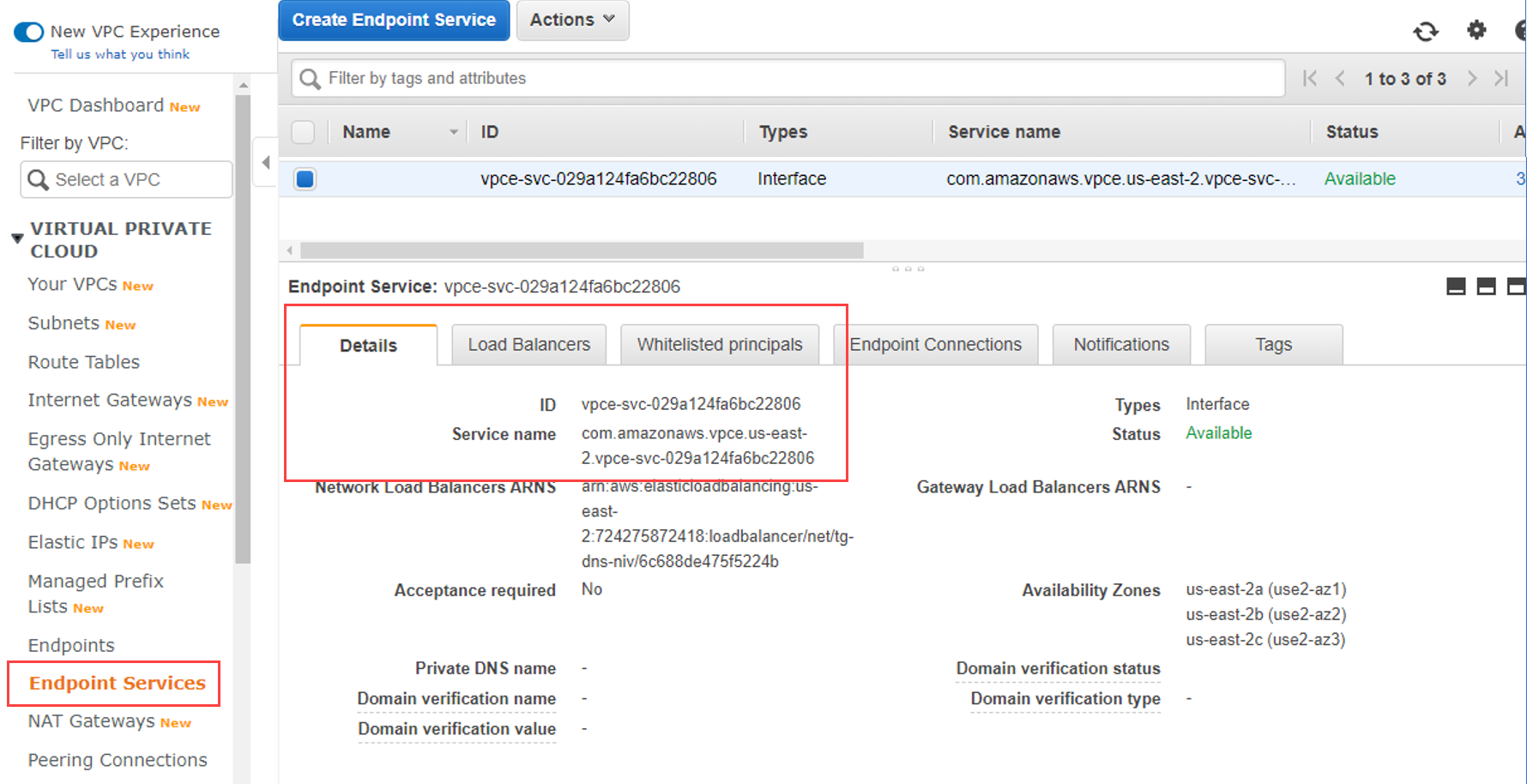 Screenshot des VPC-Dienstnamens in AWS.