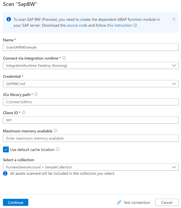 Screenshot: Einrichten einer SAP BW-Überprüfung