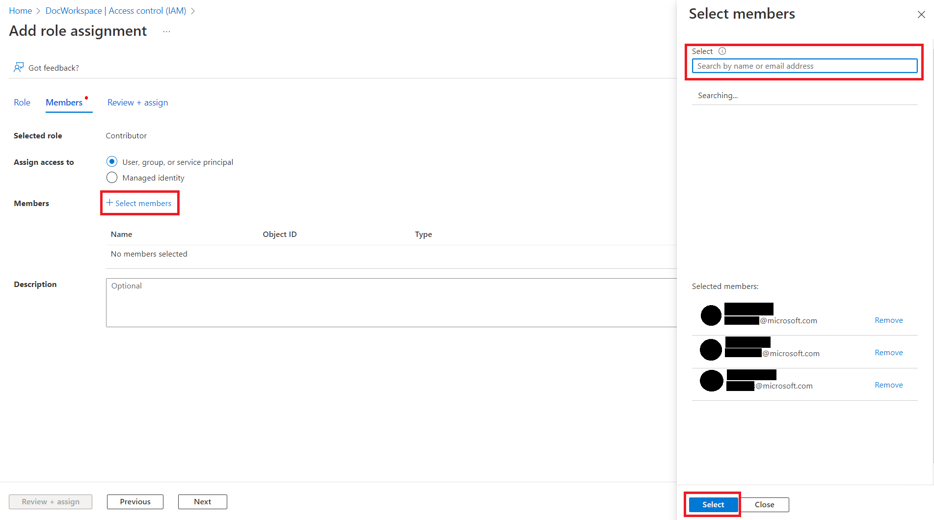 Screenshot, der zeigt, wie Sie Ihre Benutzer auswählen, die Ihrem Azure Quantum-Arbeitsbereich hinzugefügt werden sollen.