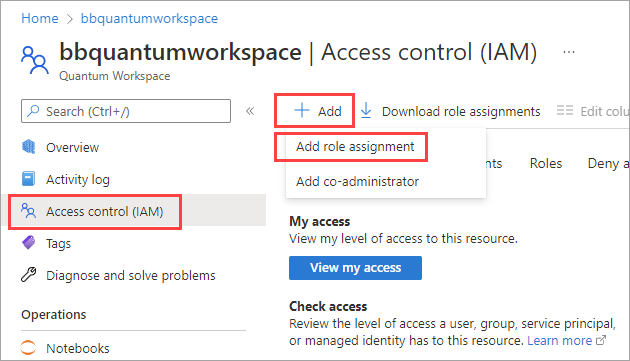 Screenshot: Erstellen einer neuen Rollenzuweisung in Ihrem Azure Quantum-Arbeitsbereich