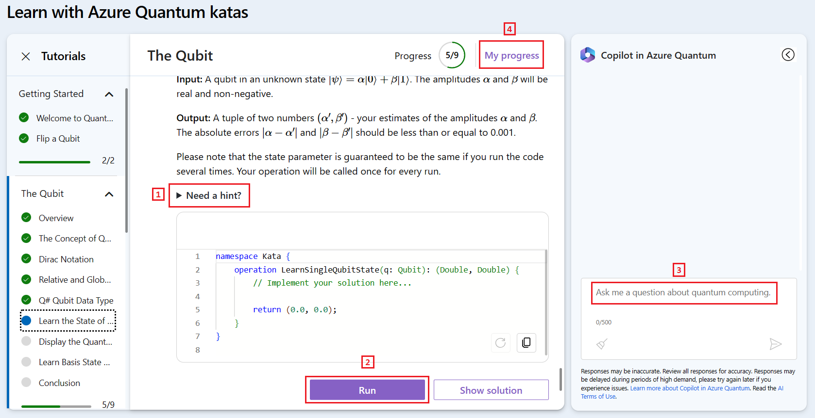 Screenshot der Azure Quantum-Website mit den Quantum Katas-Tutorials mit Copilot