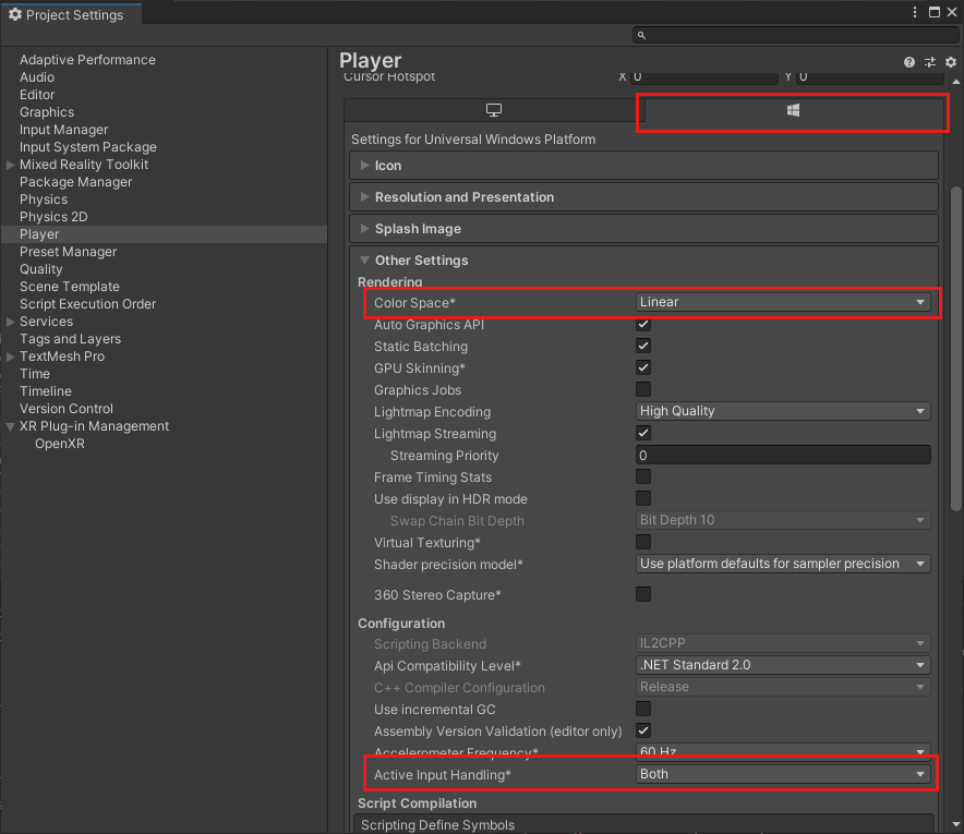 Screenshot des Dialogfelds „Unity-Projekteinstellungen“. In der Liste auf der linken Seite ist der Eintrag „Player“ ausgewählt. Auf der rechten Seite sind auf der Registerkarte mit dem Windows-Logo die Einstellungen „Farbraum“ und „Aktive Eingabebehandlung“ hervorgehoben.