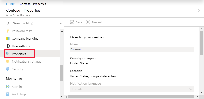 Auswählen des Azure Active Directory-Fensters „Eigenschaften“ (Screenshot)