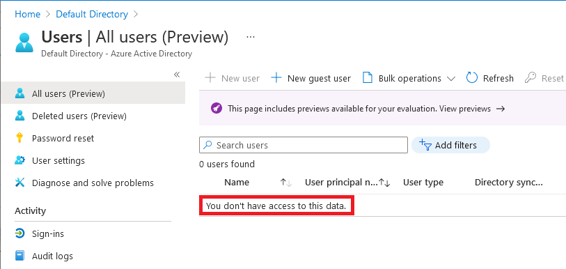 Screenshot: Gastbenutzer können Benutzer in einem Verzeichnis nicht durchsuchen.