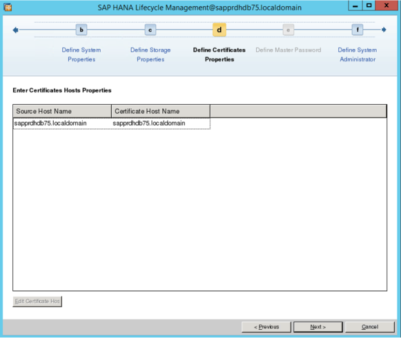Screenshot des Bildschirms „SAP HANA Lifecycle Management“ mit dem Hostnamen