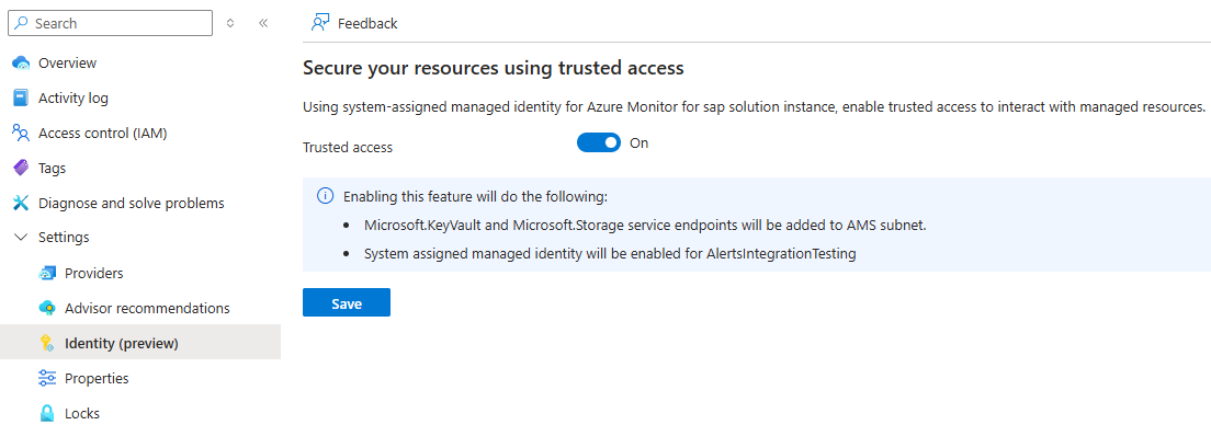 Screenshot der Aktivierung des vertrauenswürdigen Zugriffs auf der Registerkarte 