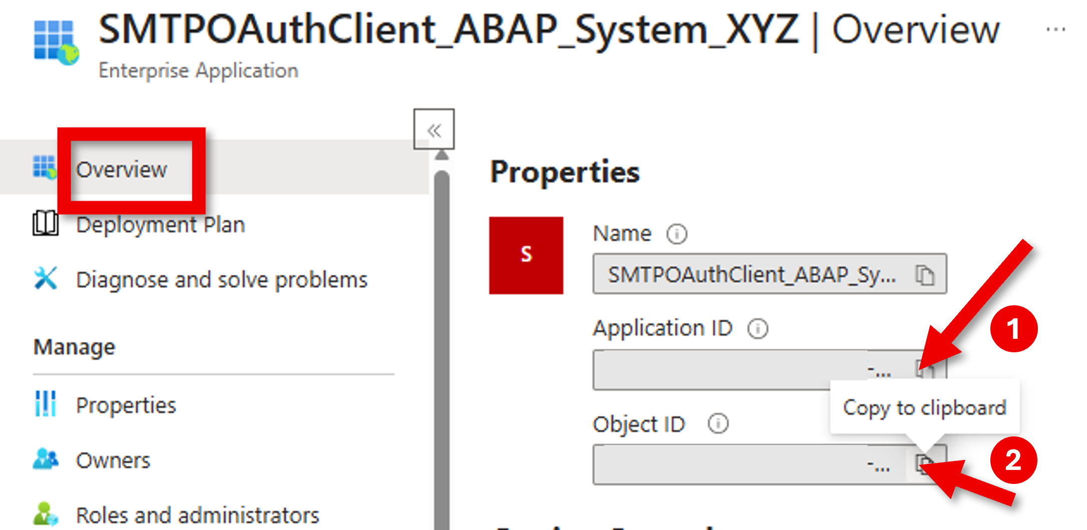 Screenshot zum Kopieren der Dienstprinzipal-ID.