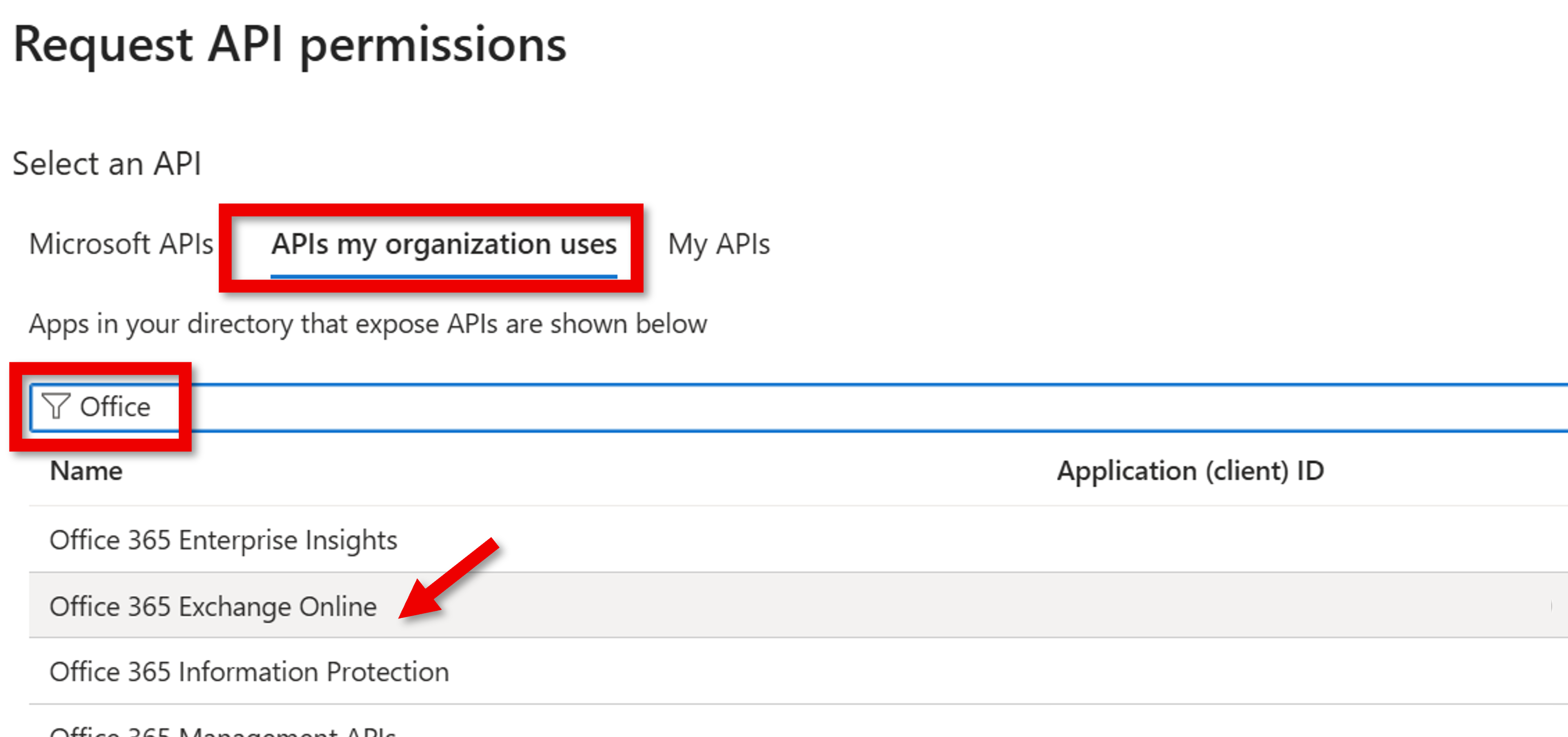 Screenshot der Auswahl von Office 365 Exchange Online-APIs.