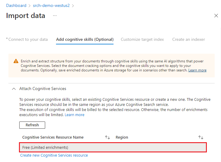 Screenshot: Registerkarte „Cognitive Services-Instanz anfügen“.