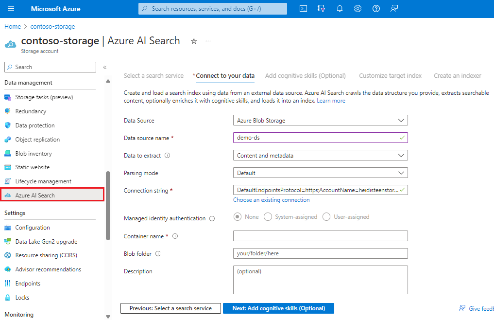 Screenshot des Azure&nbsp;KI-Suche-Assistenten auf der Seite des Azure Storage-Portals.