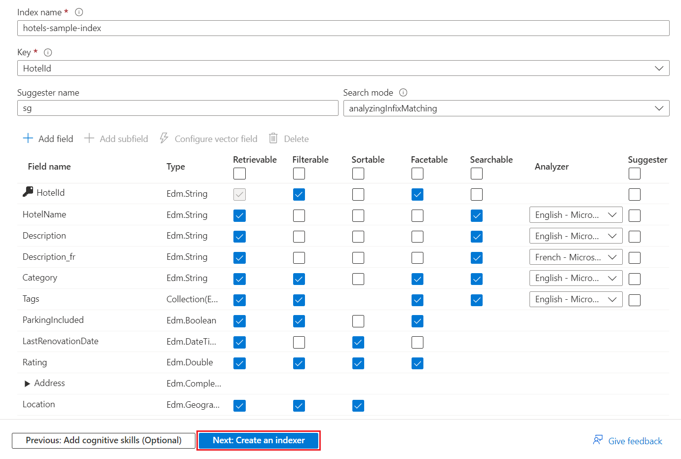 Screenshot that shows the generated index definition for the hotels-sample data source in the Import data wizard.