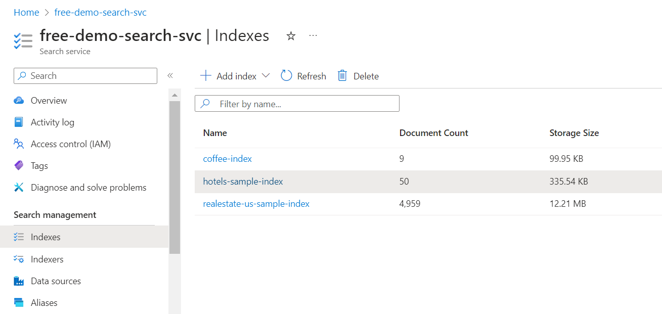 Screenshot of the Indexes list on the Azure AI Search service dashboard in the Azure portal.