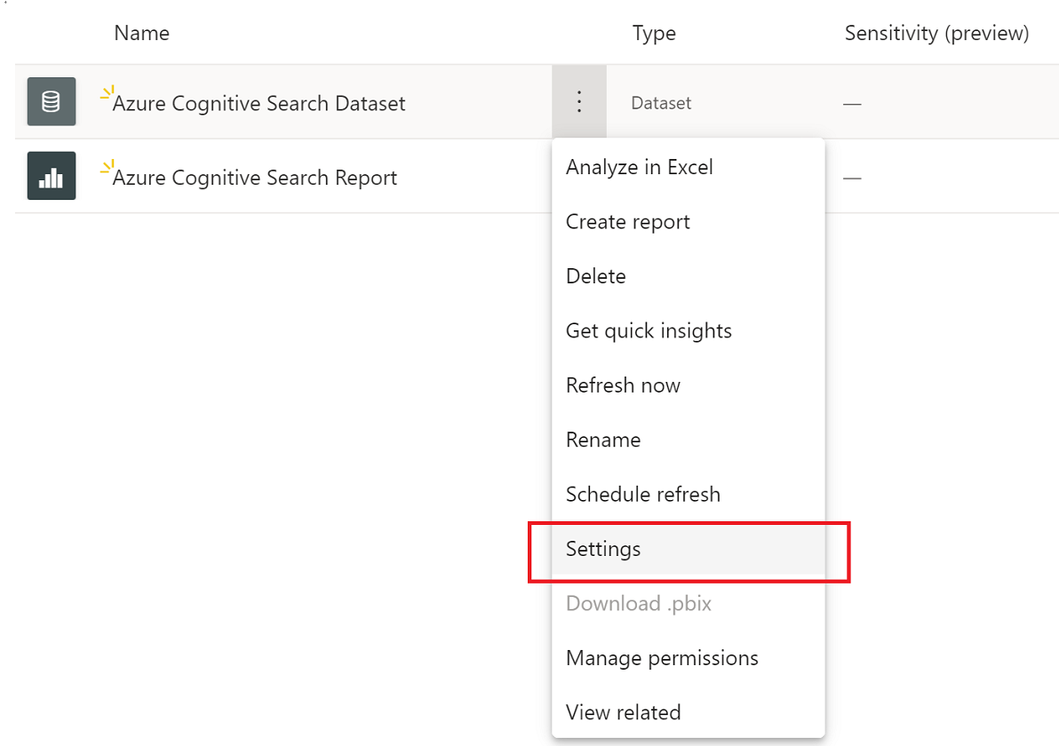 Screenshot, der zeigt, wie Einstellungen aus den Datasetoptionen im Power BI Arbeitsbereich ausgewählt werden.