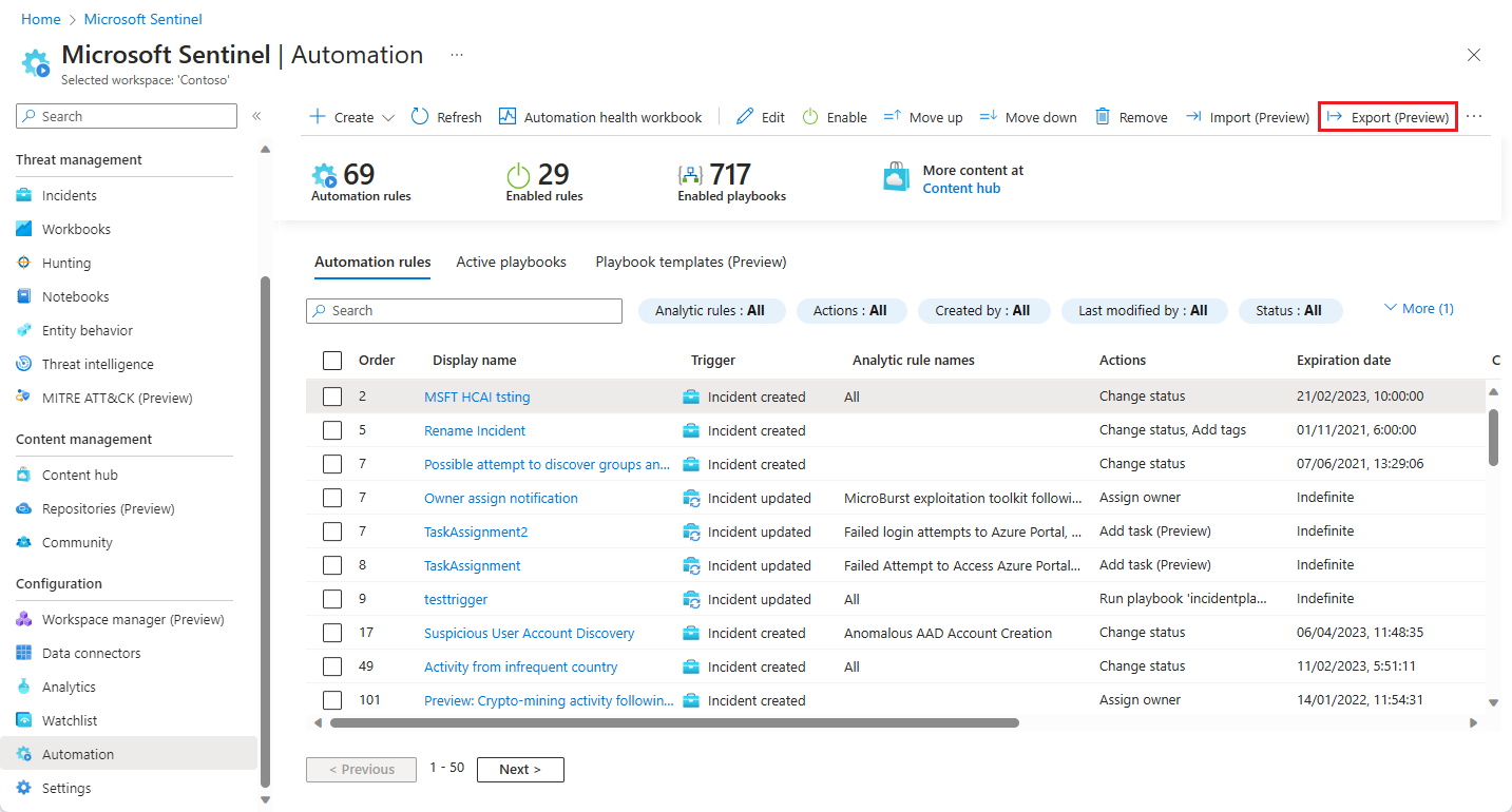 Screenshot: Exportieren einer Automatisierungsregel.