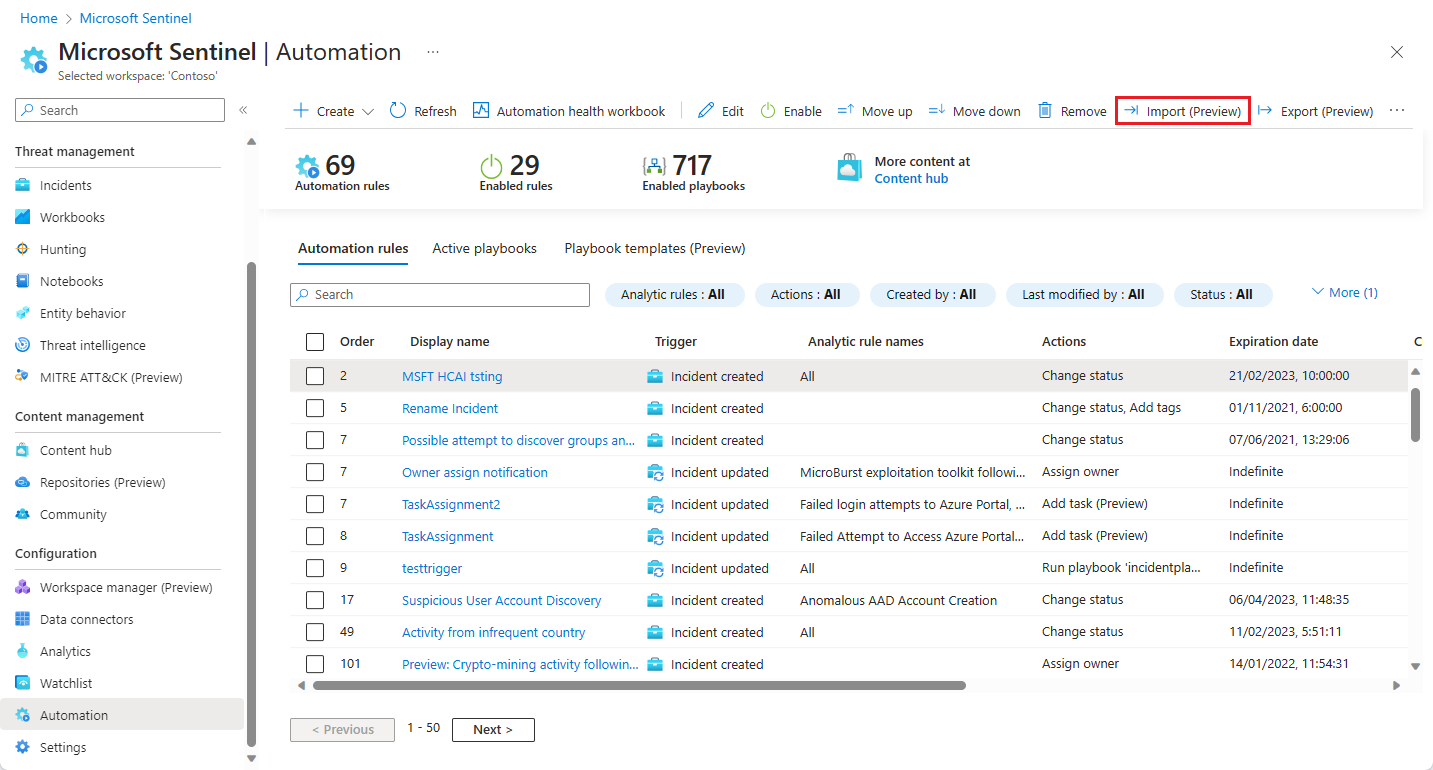 Screenshot: Importieren einer Automatisierungsregel.