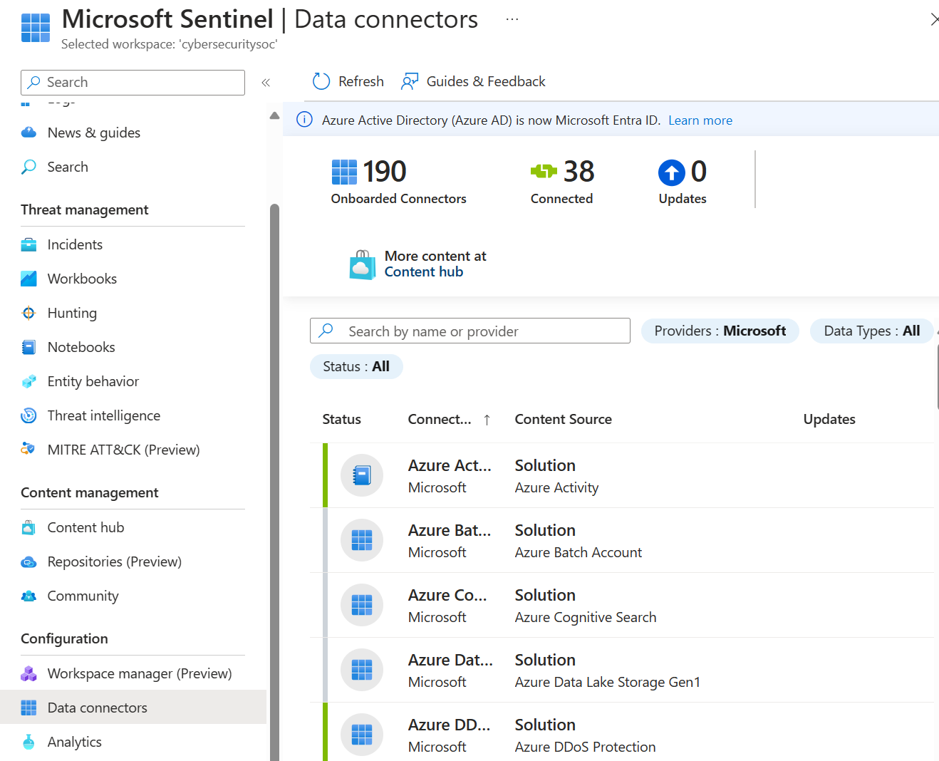 Screenshot der Dataconnectors-Seite in Microsoft Sentinel mit einer Liste der verfügbaren Connectors.