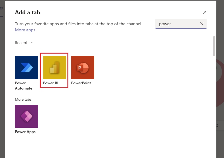 Screenshot: Auswählen von Power BI im Fenster „Registerkarte hinzufügen“ in Teams