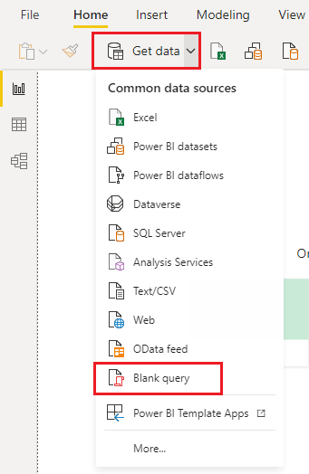 Screenshot: Auswahl von „Leere Abfrage“ unter „Daten abrufen“ in Power BI Desktop