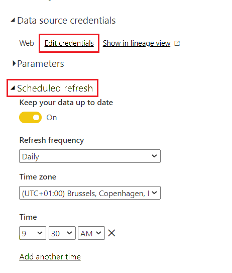 Screenshot: Einstellungen für die geplante Aktualisierung für das Dataset des Power BI-Berichts