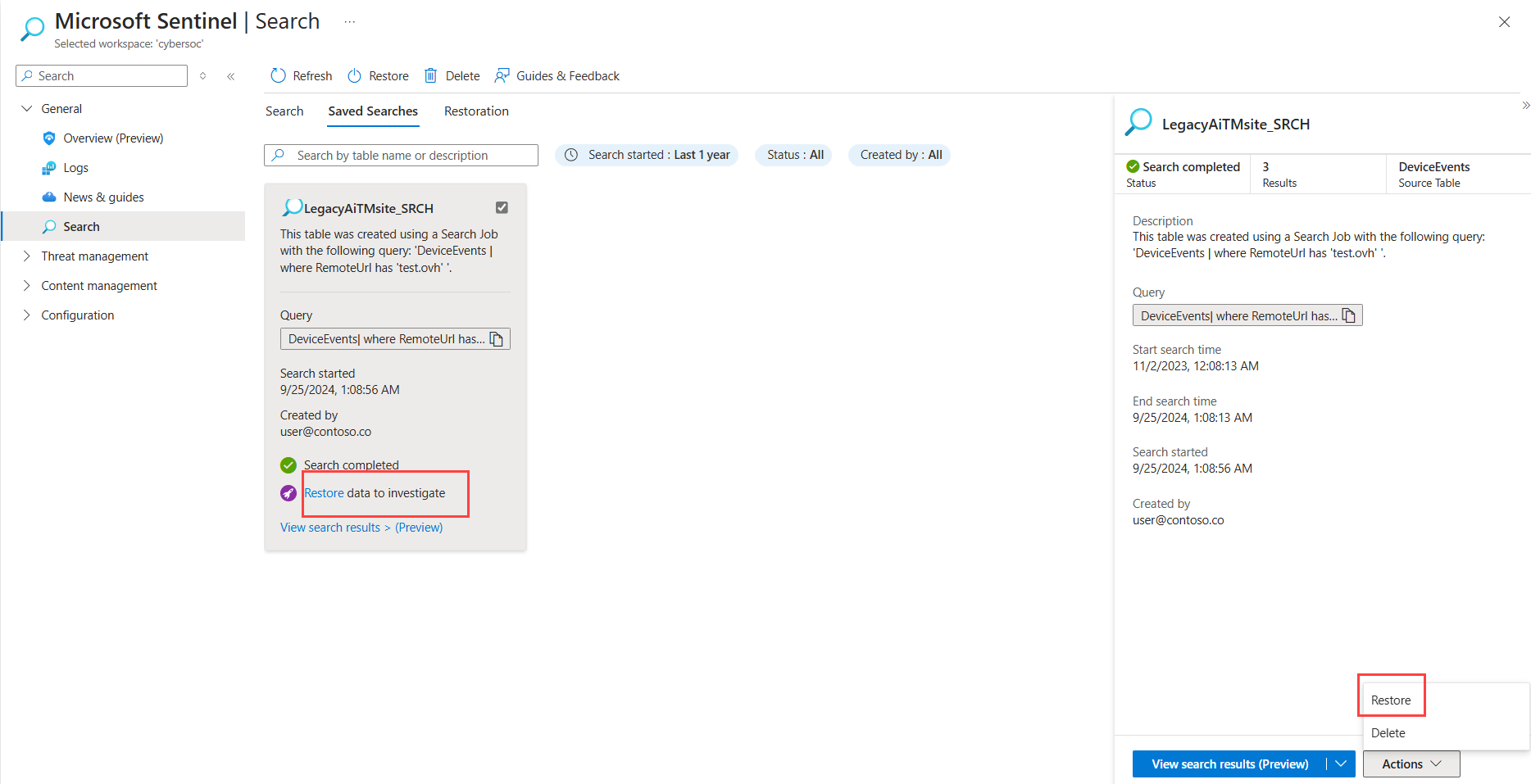 Screenshot: Wiederherstellen einer bestimmten Websitesuche