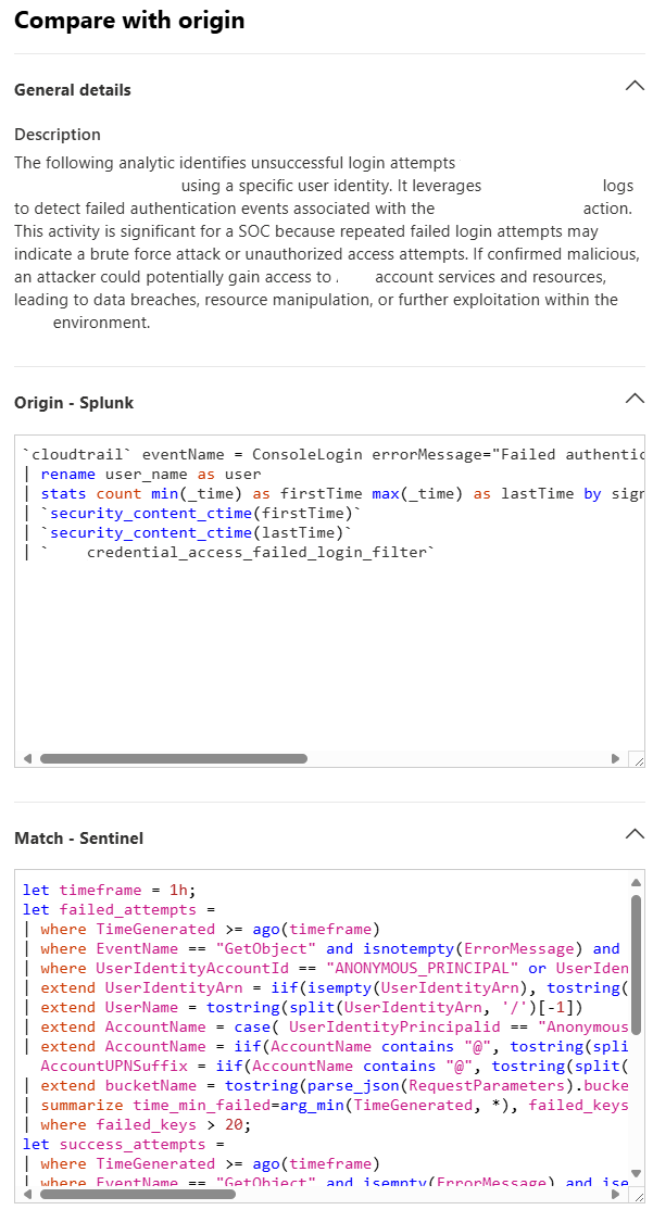 Screenshot: Vergleich zwischen Splunk-SPL-Regel und Microsoft Sentinel KQL