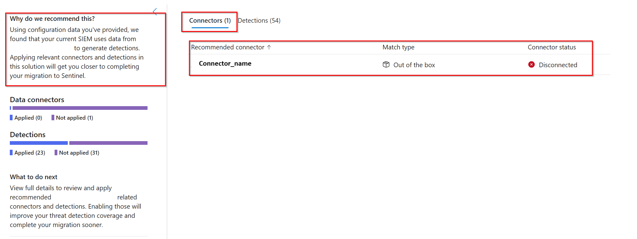 Screenshot von Microsoft Sentinel-Datenkonnektoren, die Splunk- oder QRadar-Regeln zugeordnet sind.