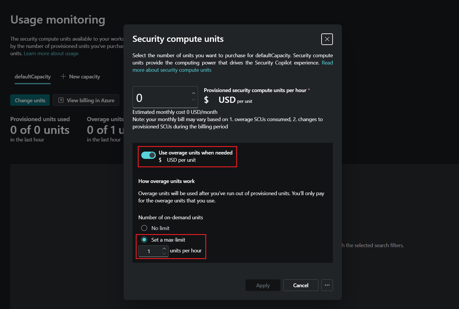 Screenshot der Einstellungen zur Nutzungsüberwachung von Security Copilot.