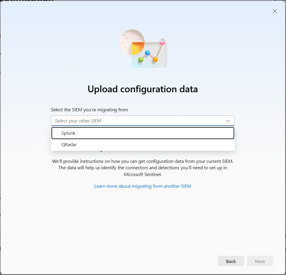 Screenshot der Benutzeroberfläche, auf der der Benutzer aufgefordert wird, das SIEM auszuwählen, von dem er migriert wird.