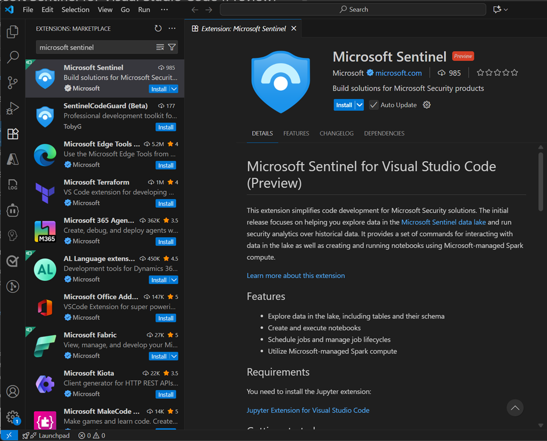 Screenshot der Microsoft Sentinel-Erweiterung im Visual Studio Code Marketplace.