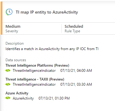 Screenshot: erforderliche Datenquellen für die Analyseregel „TI map IP entity to AzureActivity“