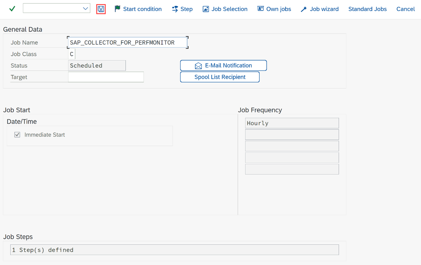 Screenshot: Freigeben des Jobs für den Auftrag als stündlich, der zum Überwachen der SAP PAHI-Tabelle verwendet wird.