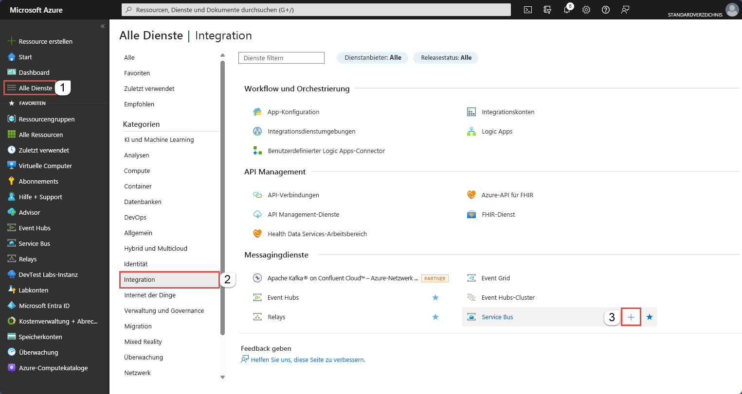 Image showing selection of Create a resource, Integration, and then Service Bus in the menu.