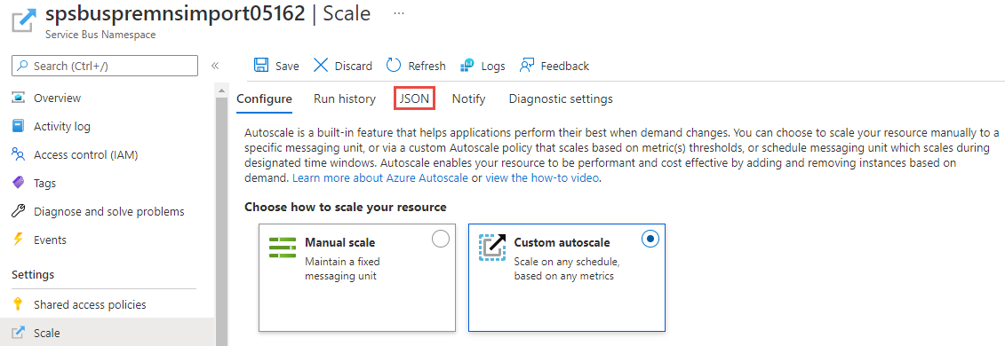 Abbildung: Auswahl der JSON-Schaltfläche auf der Befehlsleiste der Seite „Skalierung“ im Azure-Portal.